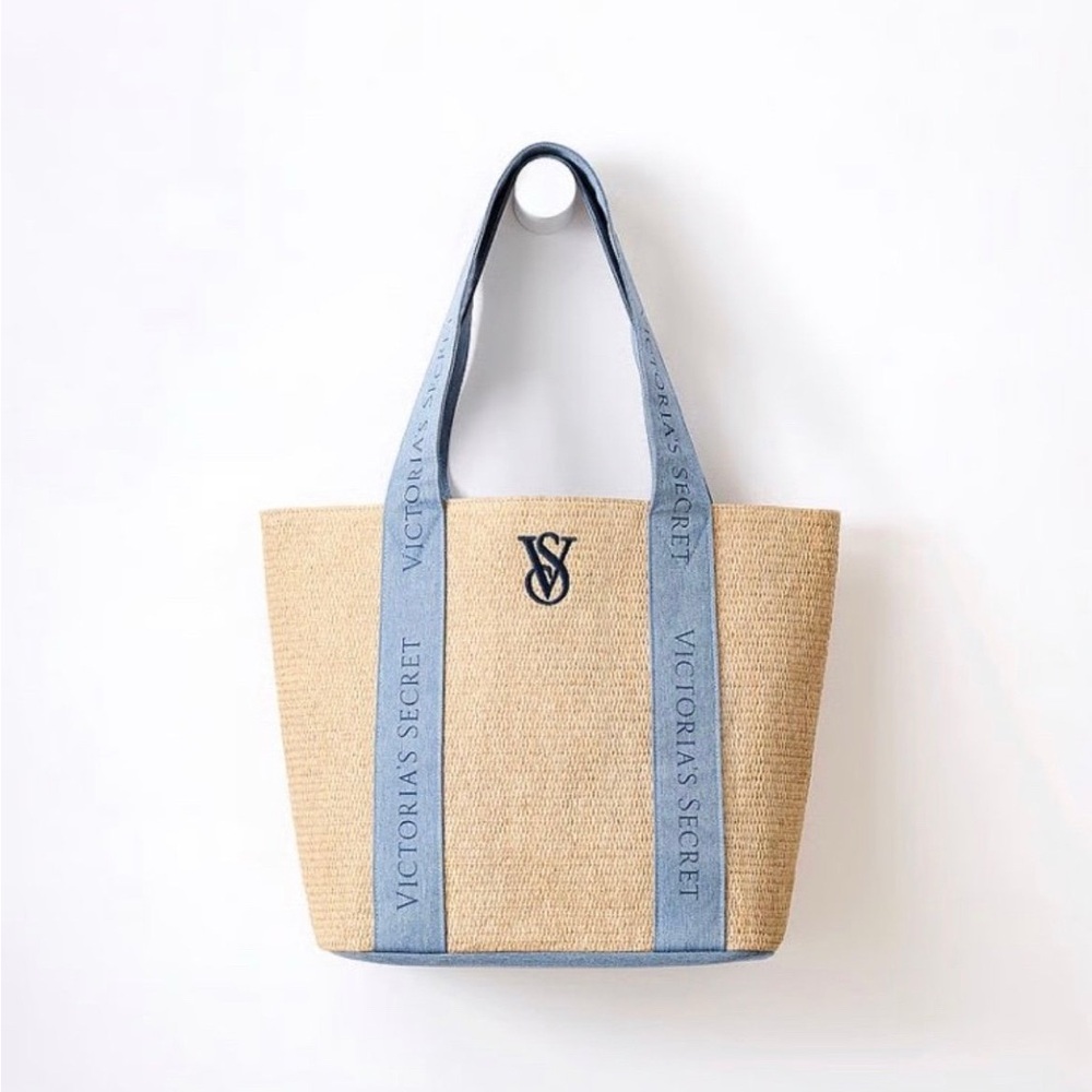 Victoria's Secret Large Weekender Straw Beach Tote Bag Blue Logo Travel Bag